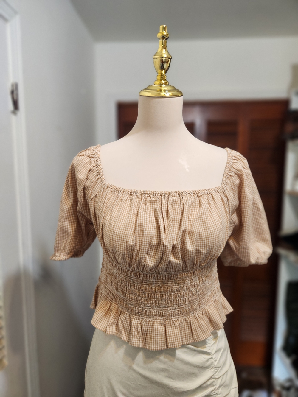 Beige Gingham Smocked Square-Neck Crop Top